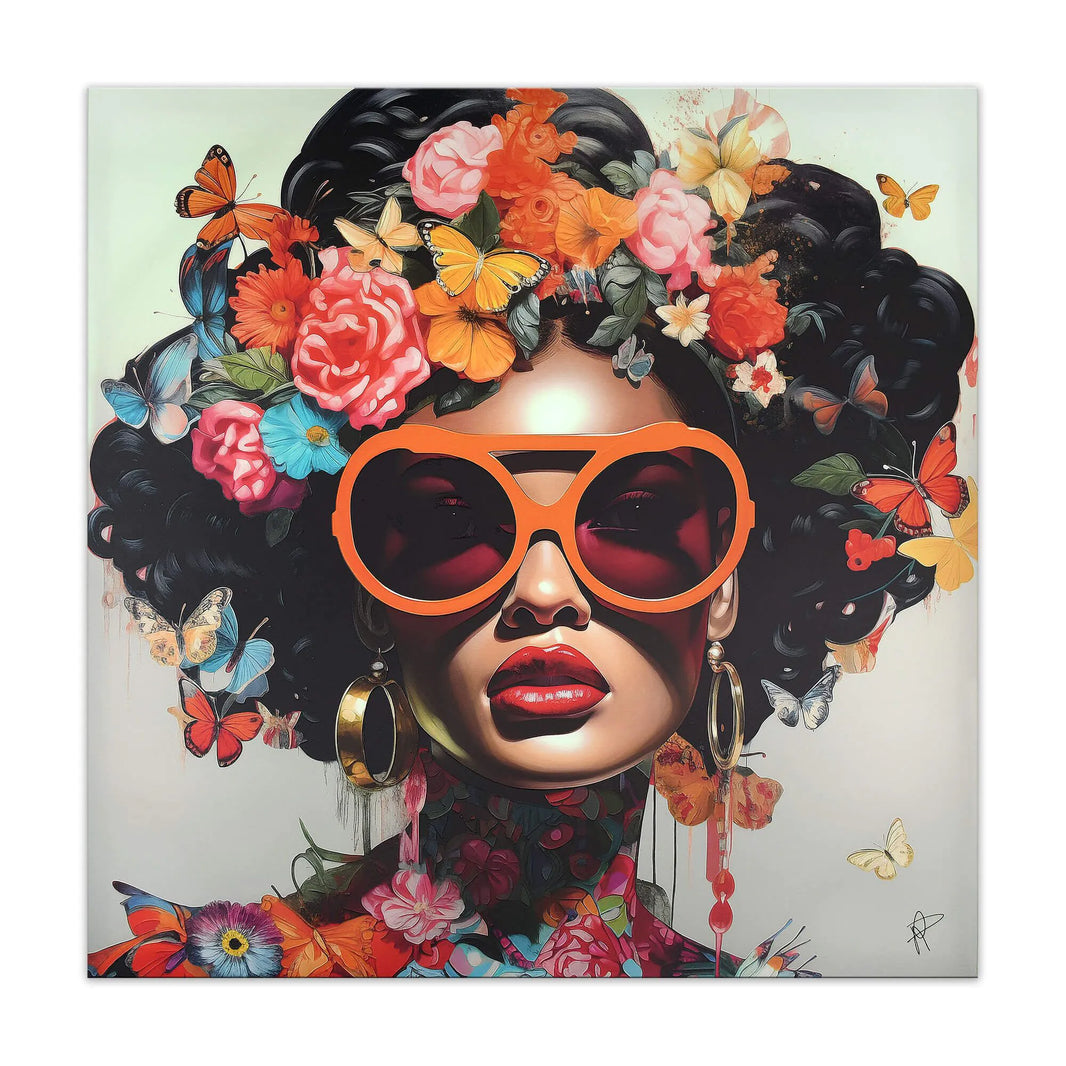 Vintage 3D Textur Druck von Blumen und Schmetterlingen auf Leinwand – Modernes Kunstwerk 80x80cm mit einer stilvollen Frau in bunten Sonnenbrillen umgeben von lebhaften Blumen und Schmetterlingen.