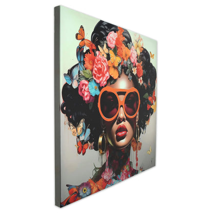 Seiteansicht des Vintage 3D Textur Drucks von Blumen und Schmetterlingen auf Leinwand – Modernes Kunstwerk 80x80cm, zeigt die Tiefe und Qualität des modernen künstlerischen Designs.