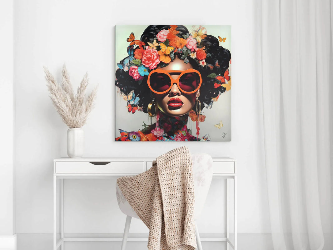 Vintage 3D Textur Druck von Blumen und Schmetterlingen auf Leinwand – Modernes Kunstwerk 80x80cm in einem eleganten Raum, zeigt eine beeindruckende Solarblume mit farbenfrohen Akzenten.