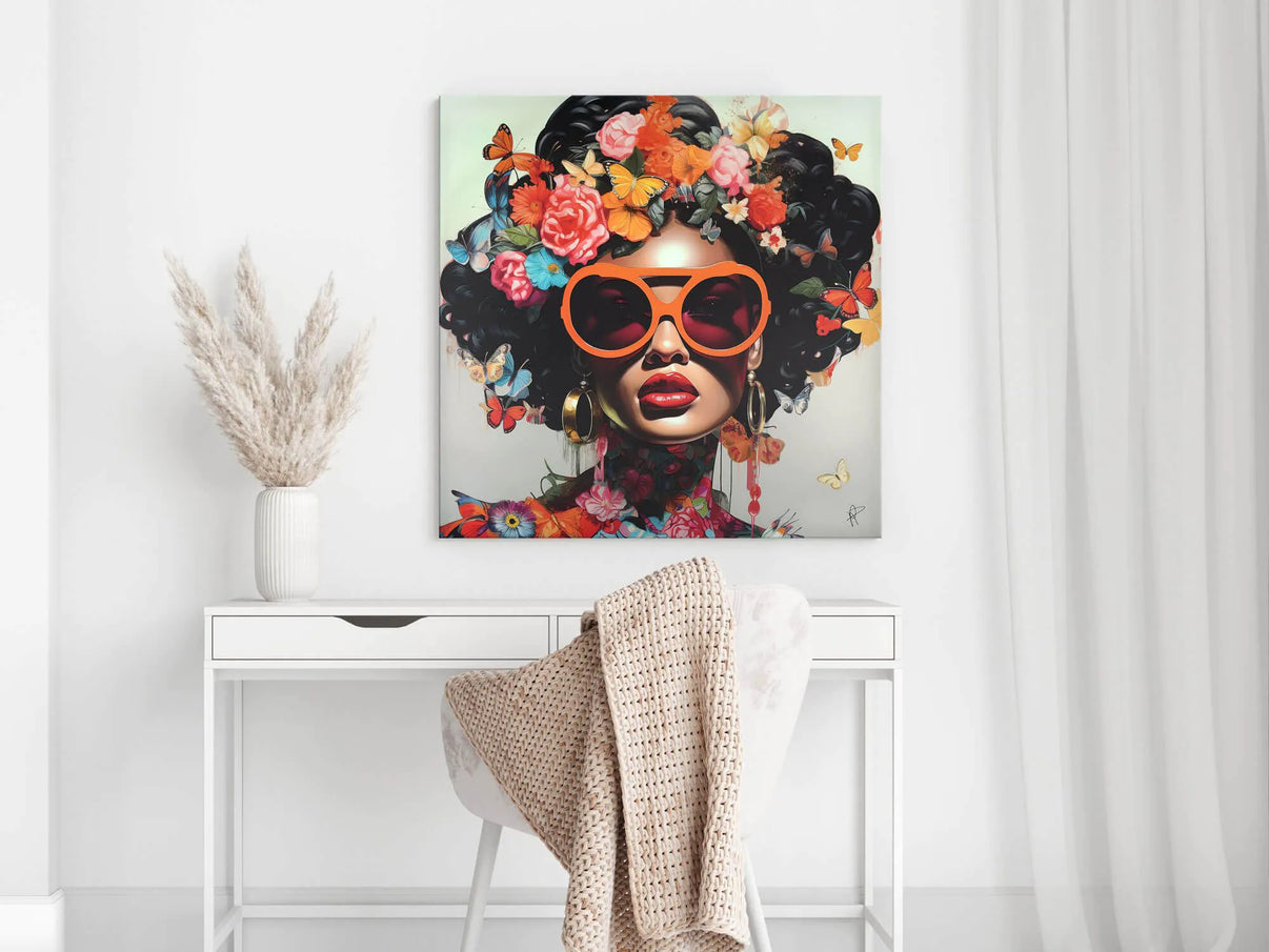 Vintage 3D Textur Druck von Blumen und Schmetterlingen auf Leinwand – Modernes Kunstwerk 80x80cm in einem eleganten Raum, zeigt eine beeindruckende Solarblume mit farbenfrohen Akzenten.