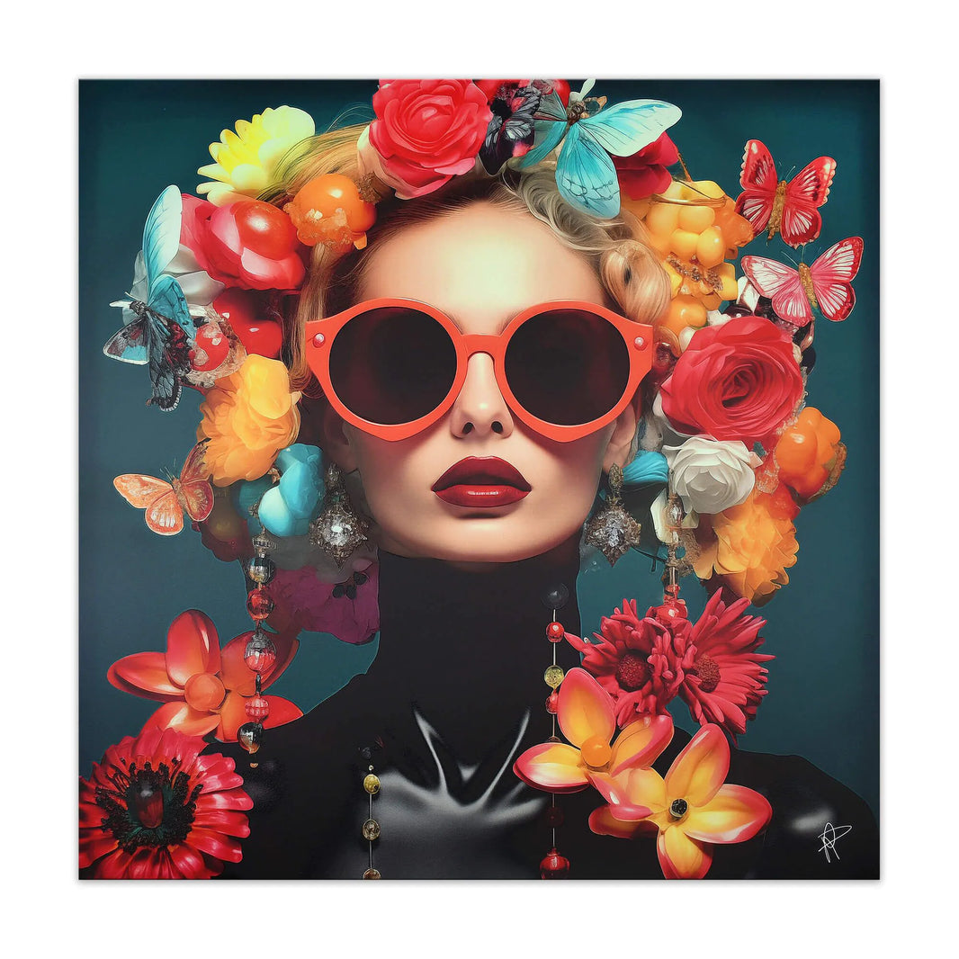 Elegantes Kunstwerk Mit Blumen Und Schmetterlingen Für Stilvolles Wohndesign: Porträt einer Frau mit buntem Blumenhaarkranz und großen, modischen Sonnenbrillen.
