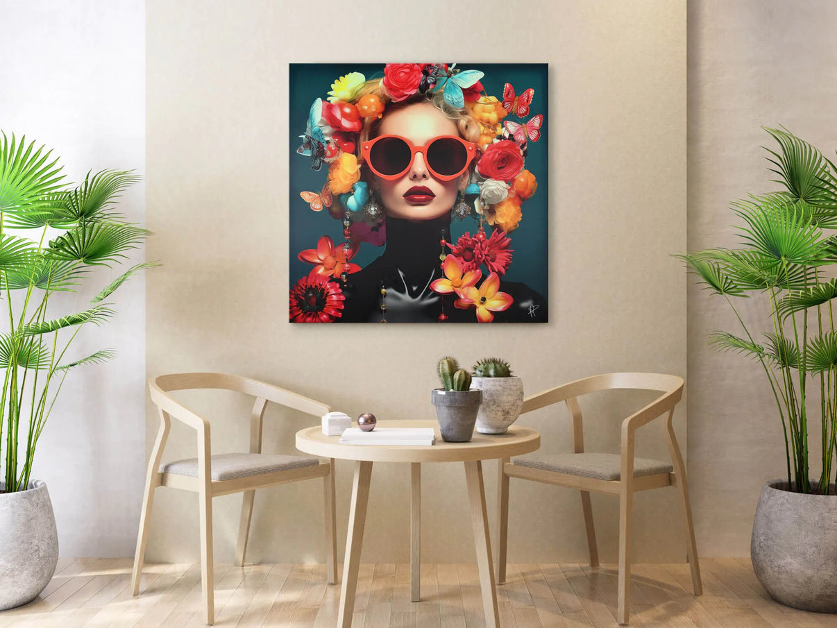 Elegantes Kunstwerk Mit Blumen Und Schmetterlingen Für Stilvolles Wohndesign: Kunstwerk in einem modernen Wohnraum, präsentiert über einem Tisch mit stühlen.