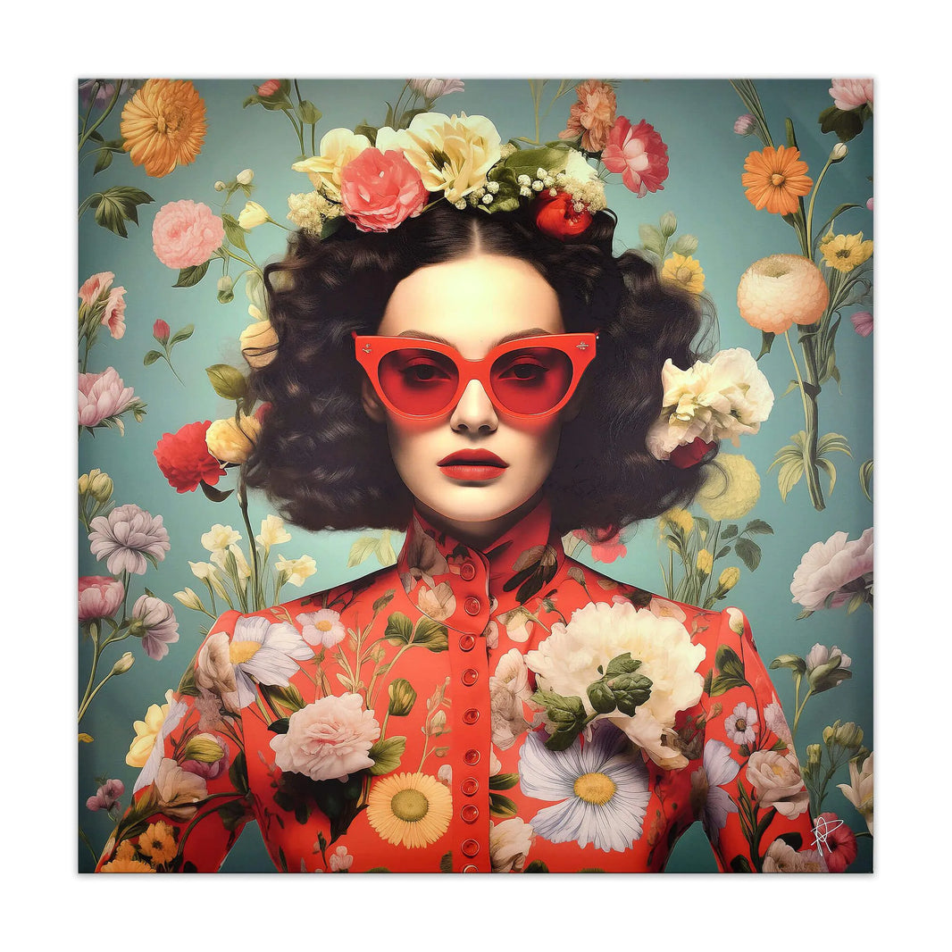 Moderne 3D-Blumen-Duschwand - 80x80 cm Leinwand-Kunstwerk von Paolo Rossini, zeigt eine außergewöhnliche Frau mit roten Sonnenbrillen, umgeben von bunten Blumen auf einem pastellfarbenen Hintergrund.