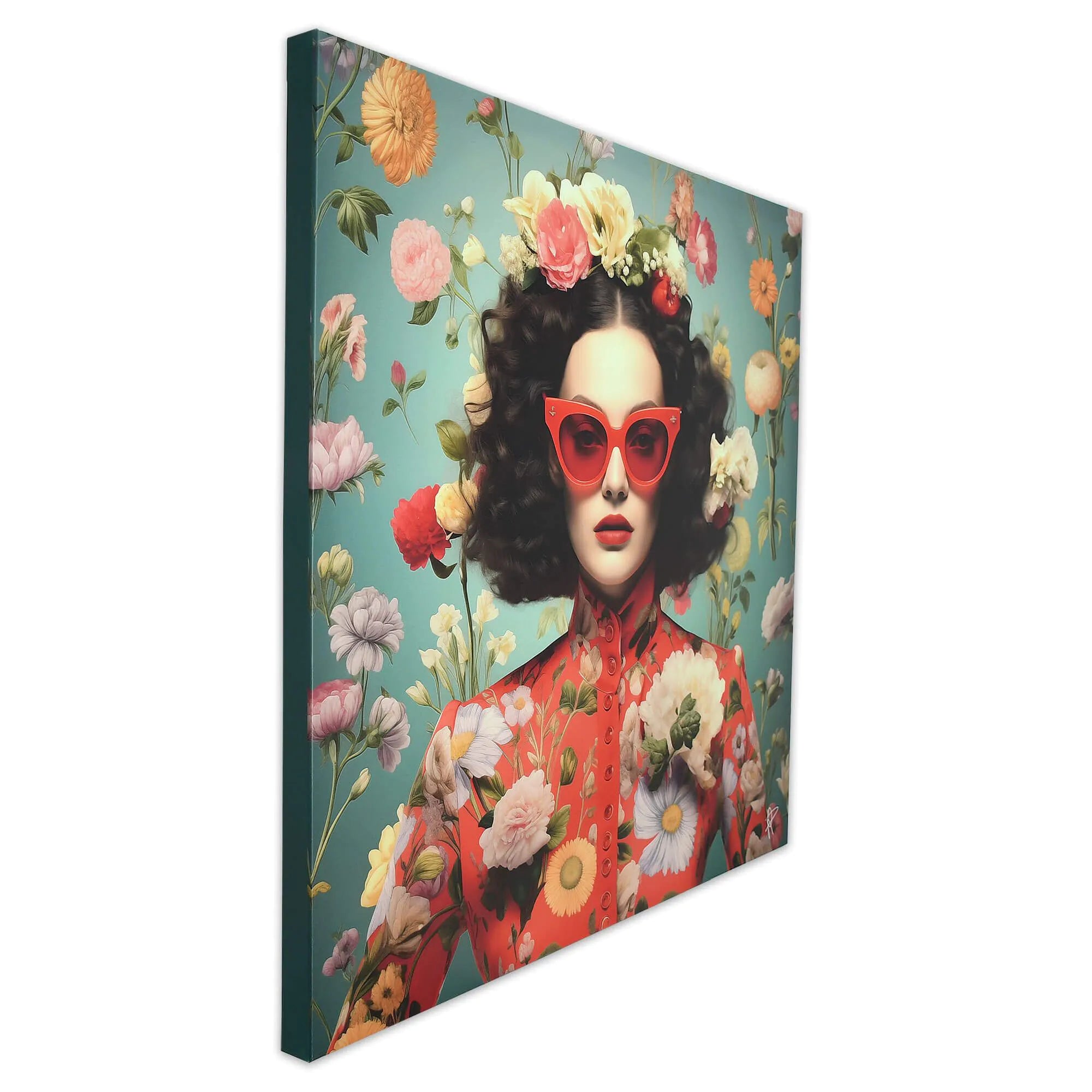 Moderne 3D-Blumen-Duschwand - 80x80 cm Leinwand-Kunstwerk von Paolo Rossini, seitliche Ansicht des Kunstwerks, das eine glamouröse Dame in roten Sonnenbrillen und blühenden Blumen zeigt.