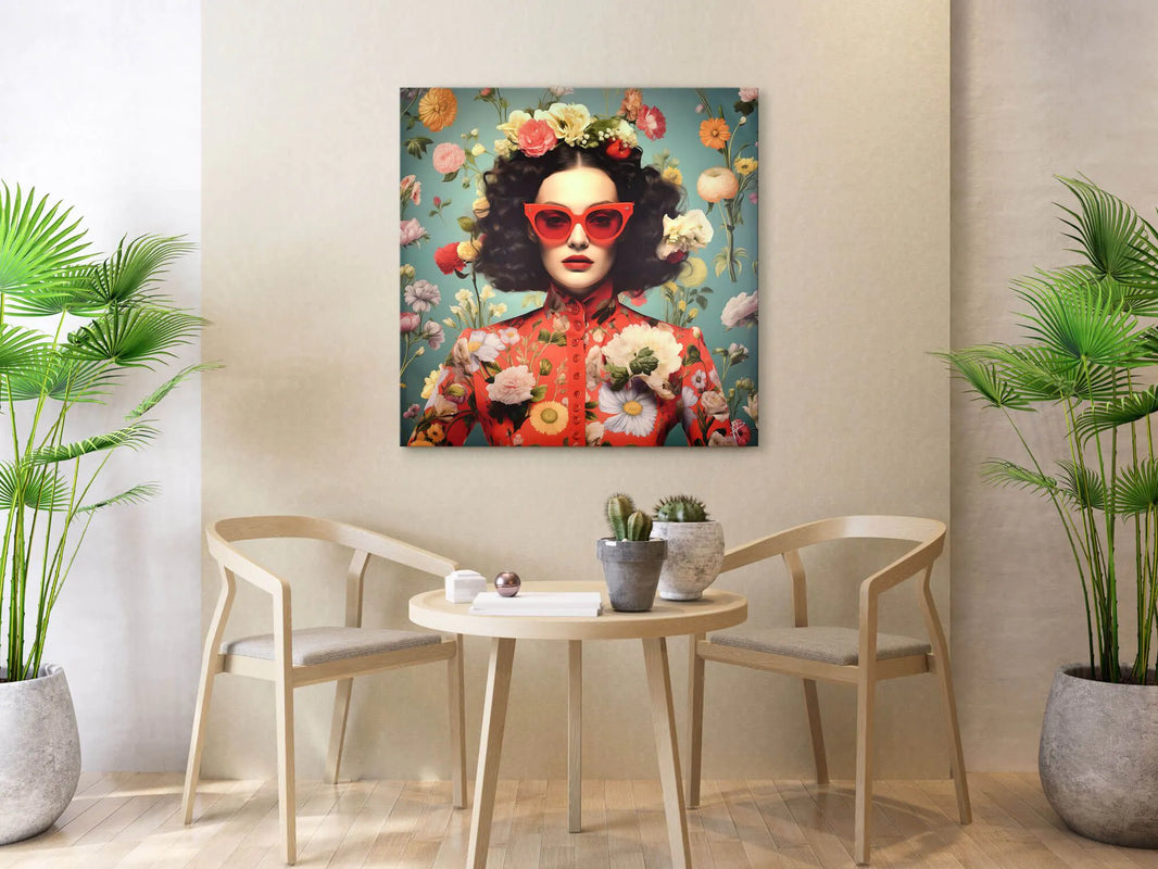 Moderne 3D-Blumen-Duschwand - 80x80 cm Leinwand-Kunstwerk von Paolo Rossini, stilvolles Wohnzimmer-Setting mit der Kunstwerk-Darstellung an einer Wand, ergänzt durch moderne Einrichtung und Pflanzen.