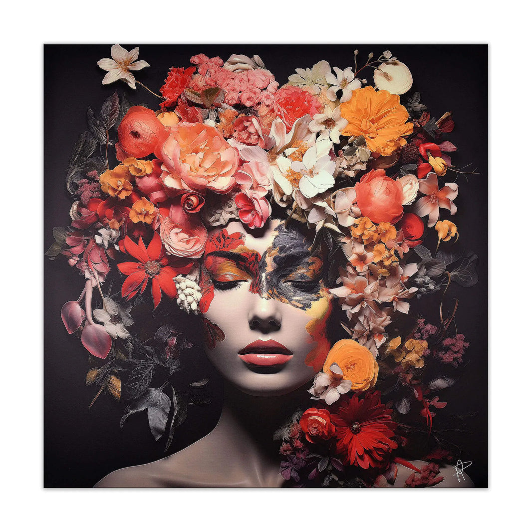 3D-Druck mit farbenfrohen Blumen auf Leinwand – modernes Kunstwerk von Paolo Rossini. Detailaufnahme eines künstlerischen Gesichts mit Blumenkranz.