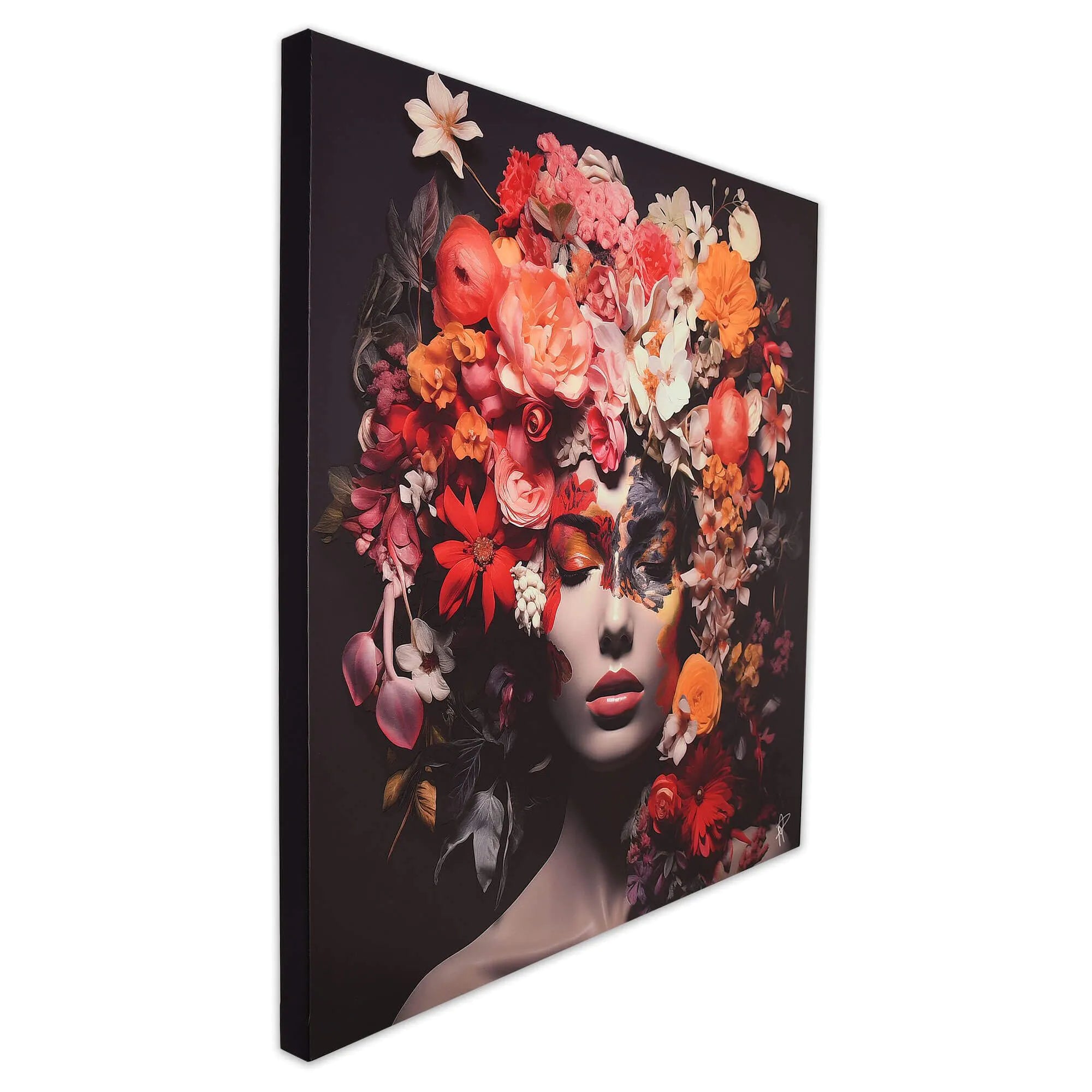 3D-Druck mit farbenfrohen Blumen auf Leinwand – modernes Kunstwerk von Paolo Rossini. Seitliche Ansicht des tiefenrahmigen Wandbilds mit floralen Motiven.