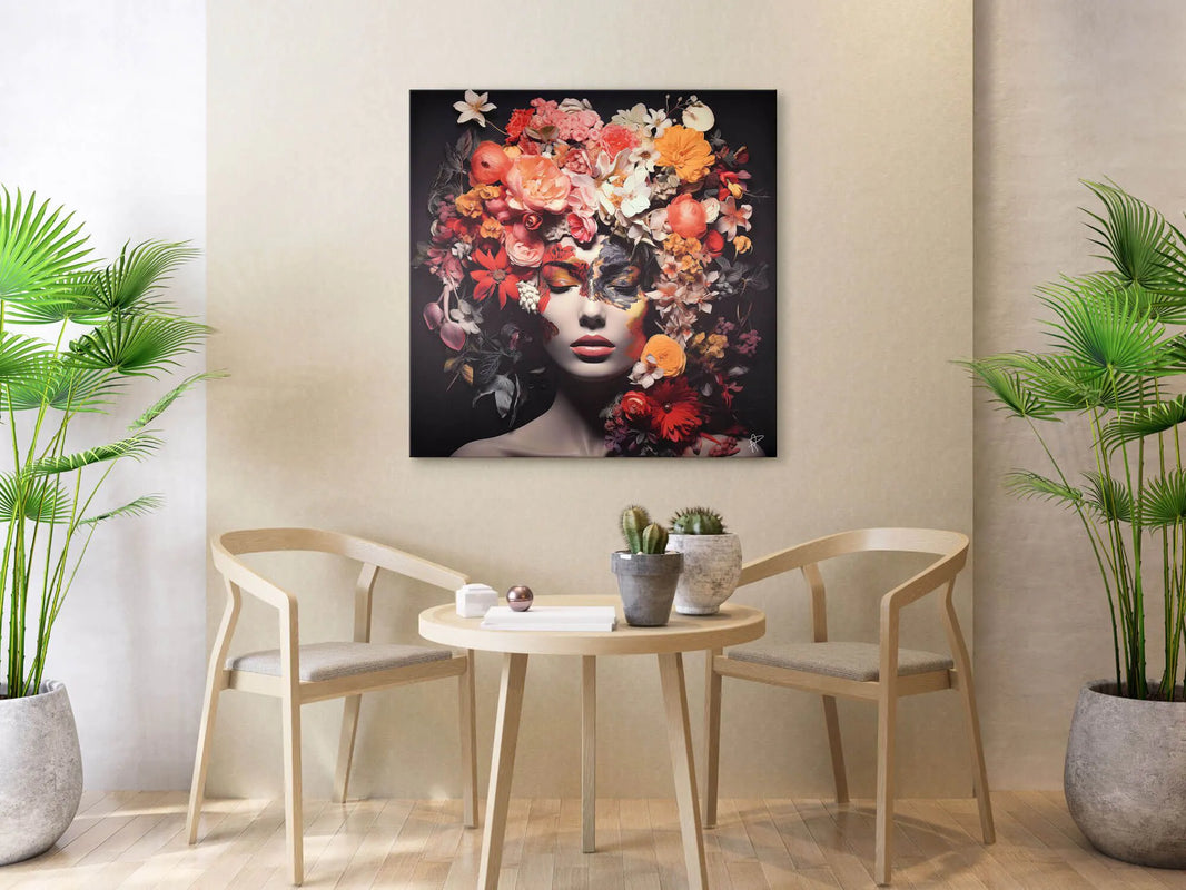3D-Druck mit farbenfrohen Blumen auf Leinwand – modernes Kunstwerk von Paolo Rossini. Inspiriende Wohndekoration mit künstlerischem Wandbild.