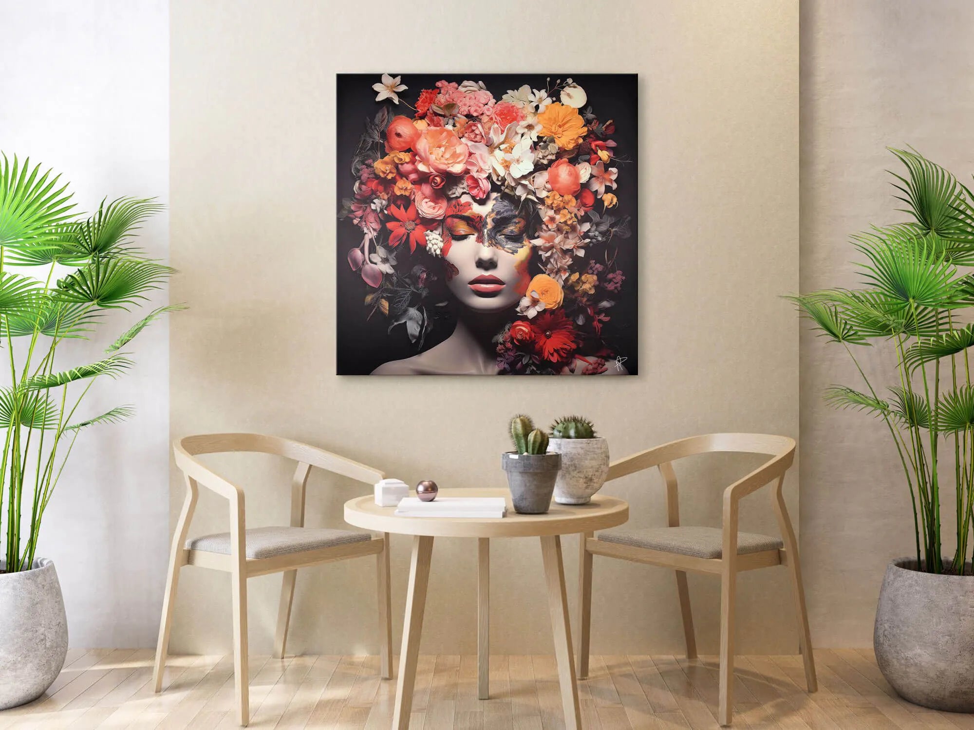 3D-Druck mit farbenfrohen Blumen auf Leinwand – modernes Kunstwerk von Paolo Rossini. Inspiriende Wohndekoration mit künstlerischem Wandbild.