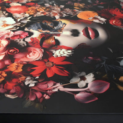 3D-Druck mit farbenfrohen Blumen auf Leinwand – modernes Kunstwerk von Paolo Rossini. Nahaufnahme der Blüten und Details des Kunstwerks.