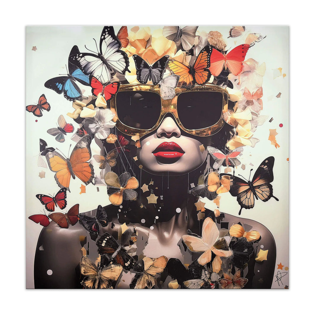 3D Texturiertes Vintage Druckbild Mit Schmetterlingen von Paolo Rossini – Moderner Stil, zeigt eine stilvolle Frau mit Sonnenbrille umgeben von bunten Schmetterlingen.