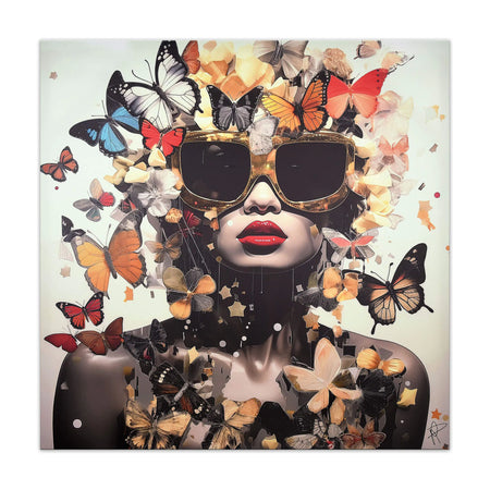 3D Texturiertes Vintage Druckbild Mit Schmetterlingen von Paolo Rossini – Moderner Stil, zeigt eine stilvolle Frau mit Sonnenbrille umgeben von bunten Schmetterlingen.