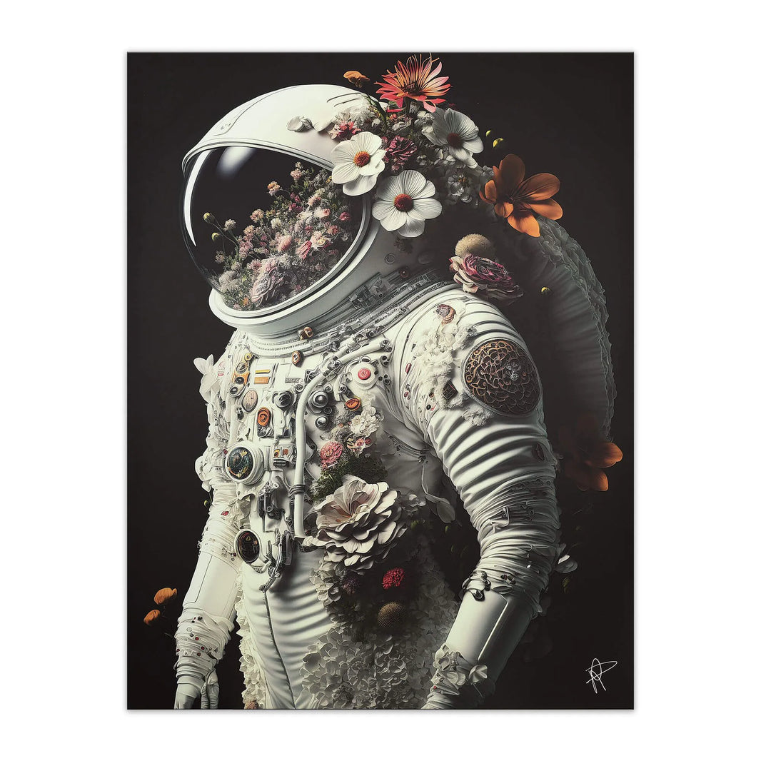 Moderner Astronauten Leinwanddruck 90x70cm Mit 3D-Textur Von Paolo Rossini, Schwarz - Detailaufnahme des künstlerischen Drucks mit floralen Elementen im Raumanzug.