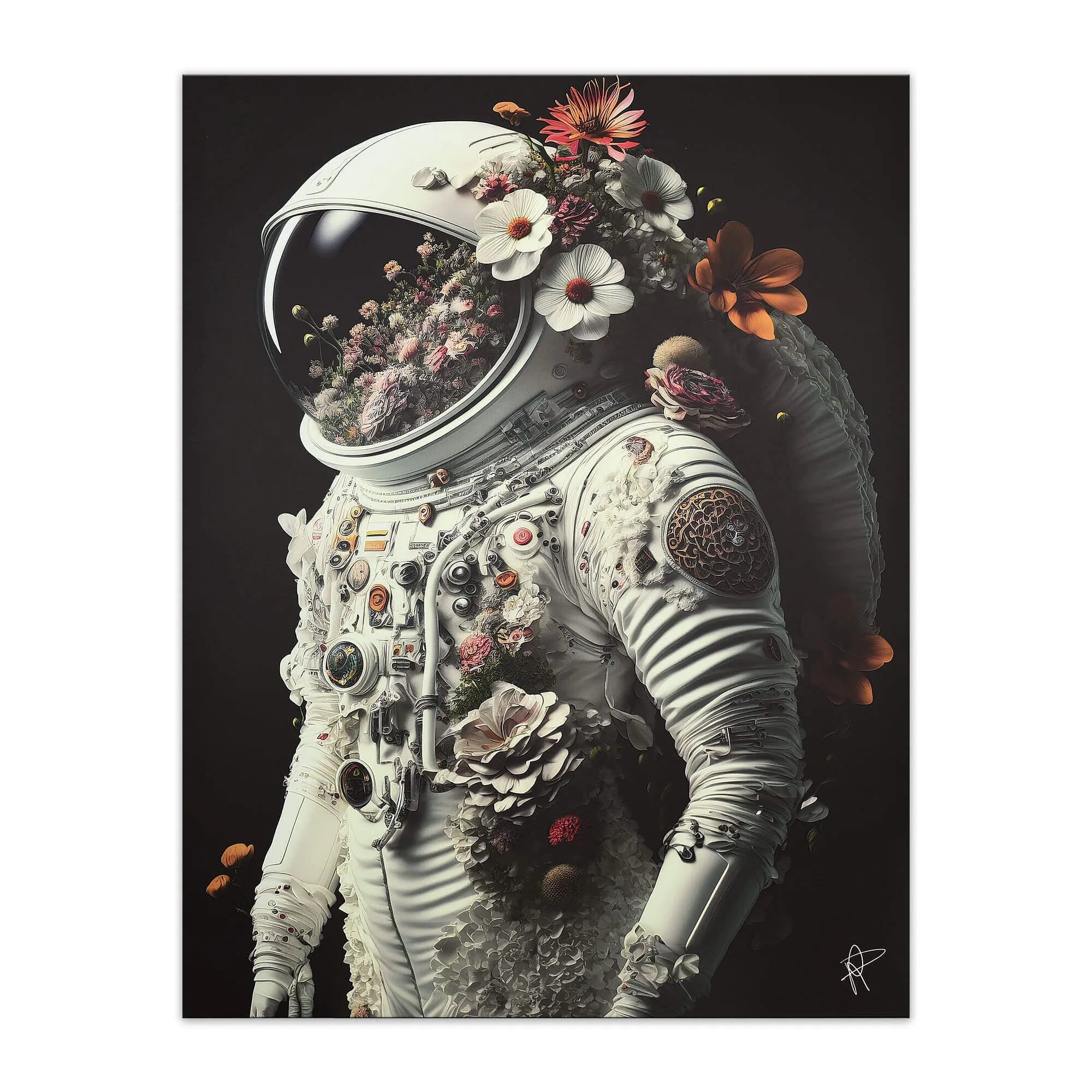 Moderner Astronauten Leinwanddruck 90x70cm Mit 3D-Textur Von Paolo Rossini, Schwarz - Detailaufnahme des künstlerischen Drucks mit floralen Elementen im Raumanzug.