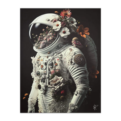 Moderner Astronauten Leinwanddruck 90x70cm Mit 3D-Textur Von Paolo Rossini, Schwarz - Detailaufnahme des künstlerischen Drucks mit floralen Elementen im Raumanzug.