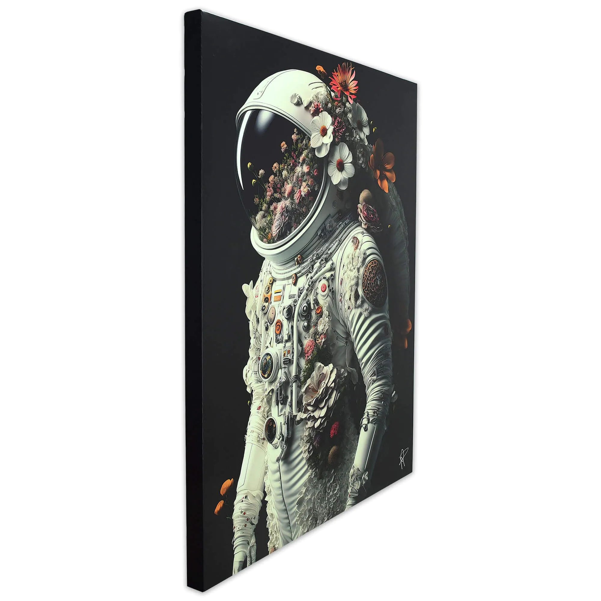 Moderner Astronauten Leinwanddruck 90x70cm Mit 3D-Textur Von Paolo Rossini, Schwarz - Seitenansicht des Leinwanddrucks, die die Tiefe und den künstlerischen Rahmen zeigt.