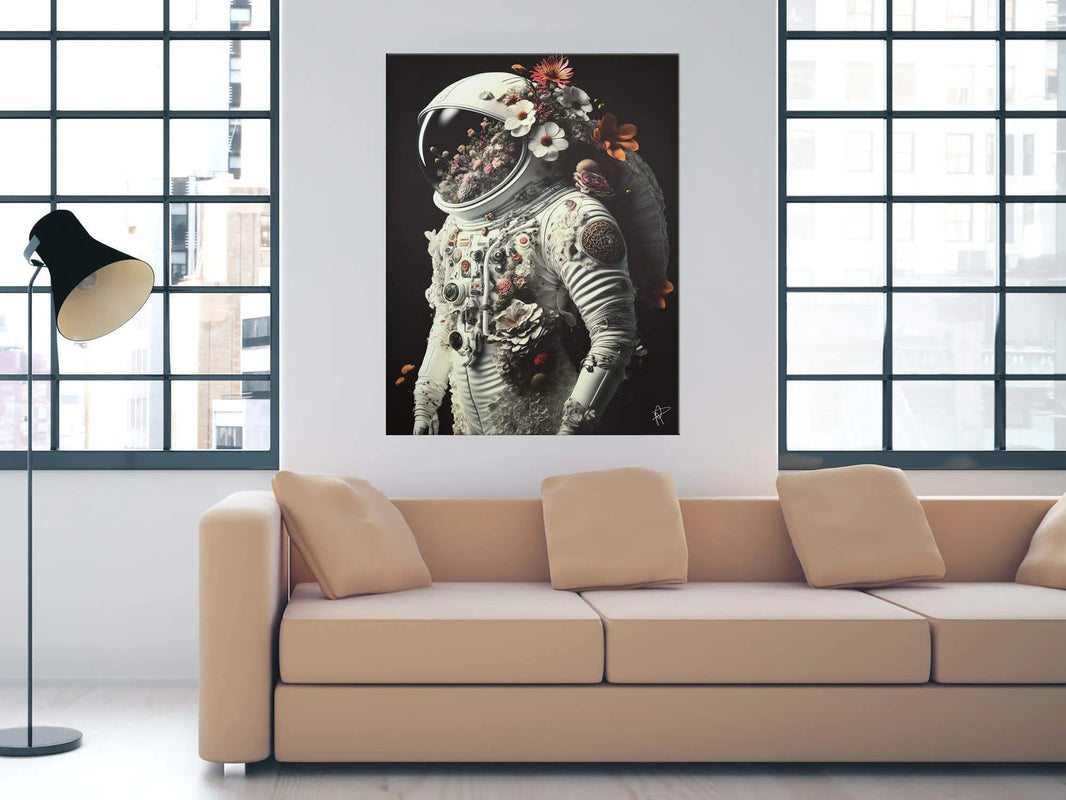 Moderner Astronauten Leinwanddruck 90x70cm Mit 3D-Textur Von Paolo Rossini, Schwarz - Die Leinwanddruck in modernem Wohnambiente an einer Wand, umgeben von natürlichem Licht.