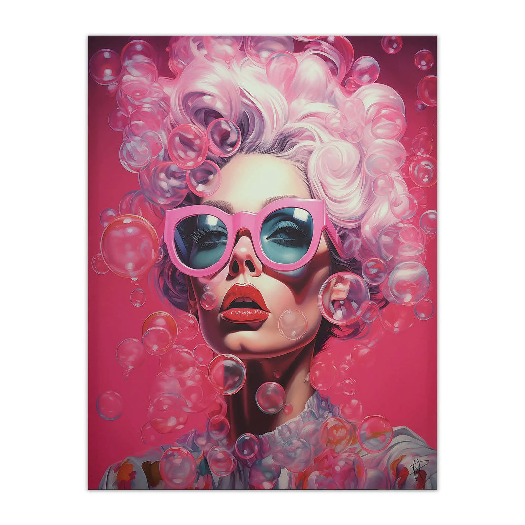 Moderne Fuxia Leinwandbild 90 x 70 cm Mit 3D Textur Von Paolo Rossini – lebendige Darstellung einer stilisierten Frau mit rosa Lippen und Sonnenbrille, umgeben von schimmernden Seifenblasen.