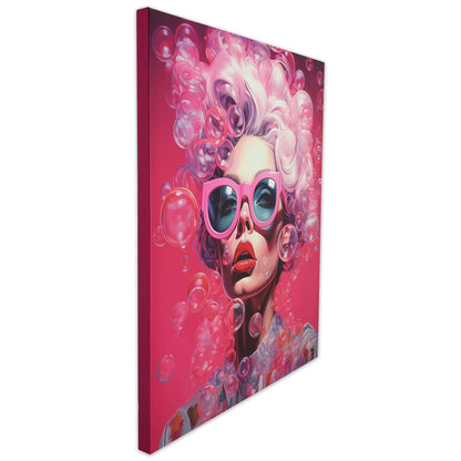 Moderne Fuxia Leinwandbild 90 x 70 cm Mit 3D Textur Von Paolo Rossini – Faszinierendes Kunstwerk mit einer stylischen Darstellung einer Frau mit Sonnenbrillen und bunten Blasen. Ideal für moderne Wohnräume.