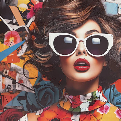 Vintage Druck Collage Mit 3D-Textur Auf Leinwand - Modernes, Figuratives Design, 80x120 cm, close-up Detailaufnahme einer besonderen Grafik mit modischer Frau.