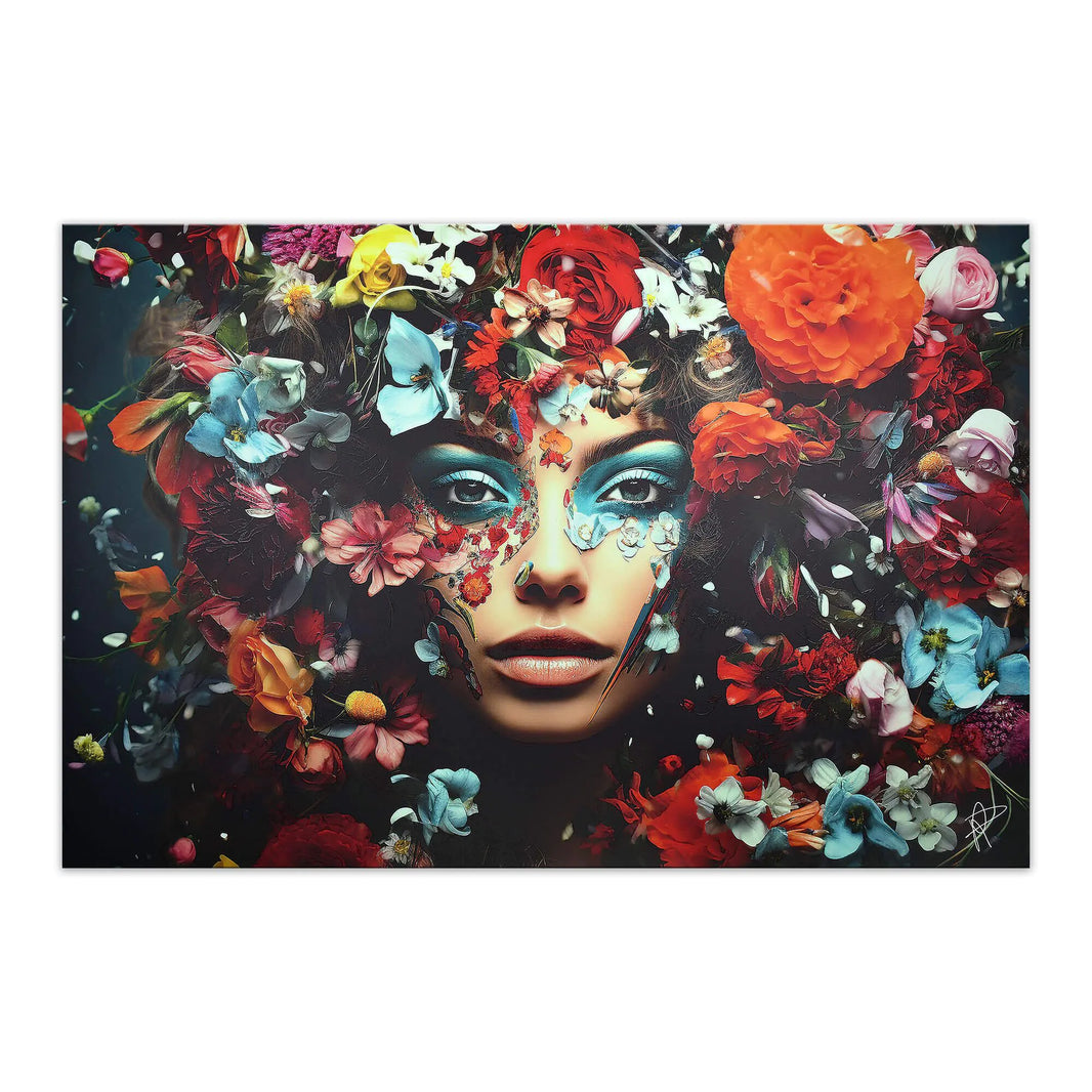 Moderne 3D Leinwanddruck Blumenmotiv von Paolo Rossini – 80x120cm, Zertifikat & Ästhetischer Rahmen, zeigt eine facettenreiche Frauengesicht umgeben von bunten Blumen.