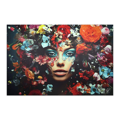 Moderne 3D Leinwanddruck Blumenmotiv von Paolo Rossini – 80x120cm, Zertifikat & Ästhetischer Rahmen, zeigt eine facettenreiche Frauengesicht umgeben von bunten Blumen.
