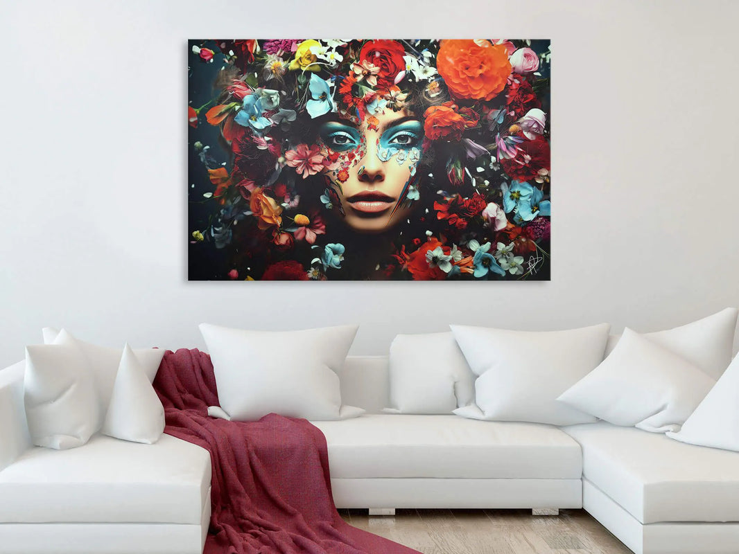 Moderne 3D Leinwanddruck Blumenmotiv von Paolo Rossini – 80x120cm, Zertifikat & Ästhetischer Rahmen, präsentiert das Kunstwerk in einem stilvollen Wohnzimmer, ideal für moderne Wohnräume.