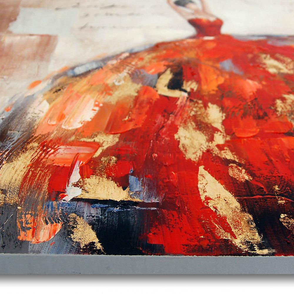 Detailaufnahme der tanzenden Frau im bunten Rock – Exquisites handgemaltes Kunstwerk auf Leinwand, das die lebendigen Acrylfarben und Reliefelemente in naher Betrachtung präsentiert.