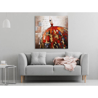 Exquisites handgemaltes Kunstwerk "Tanzende Frau im bunten Rock" präsentiert in einem stilvollen Wohnzimmer. Das Gemälde auf Leinwand kombiniert lebhafte Farben und einzigartige Reliefelemente und verleiht jedem Raum Eleganz.