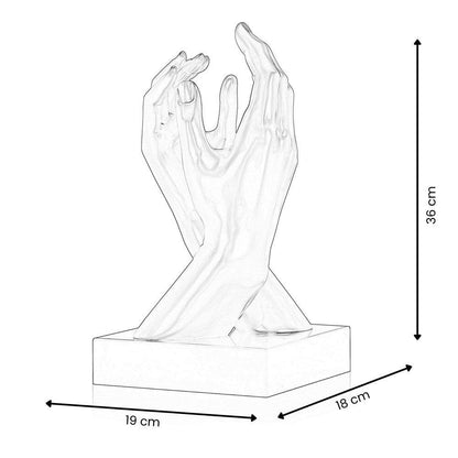 Tiefe Vereinigung – Moderne Figurative Skulptur mit Marmor-Basis und Metalleffekt, maßgezeichnete Darstellung der Skulptur mit Abmessungen 36 x 19 x 18 cm.