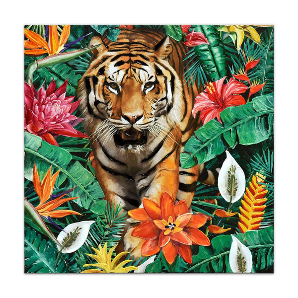 Tiger im Dschungel grün. 80 x 80 cm. Moderner Druck auf handretuschierter Leinwand mit Reliefdekorationen. - Designerobjekte.com