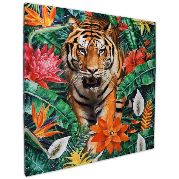 Tiger im Dschungel grün. 80 x 80 cm. Moderner Druck auf handretuschierter Leinwand mit Reliefdekorationen. - Designerobjekte.com