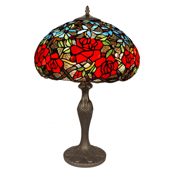 Tischlampe mit roten Rosen und hellblauen Blumen