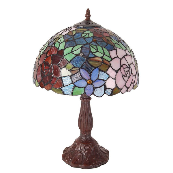 Tischlampe mit roten und rosa Rosen. Mit geschweißtem Glasschirm, Tiffany-Verarbeitung und Ständer aus bronziertem Metall 46 x Ø31 cm. - Designerobjekte.com