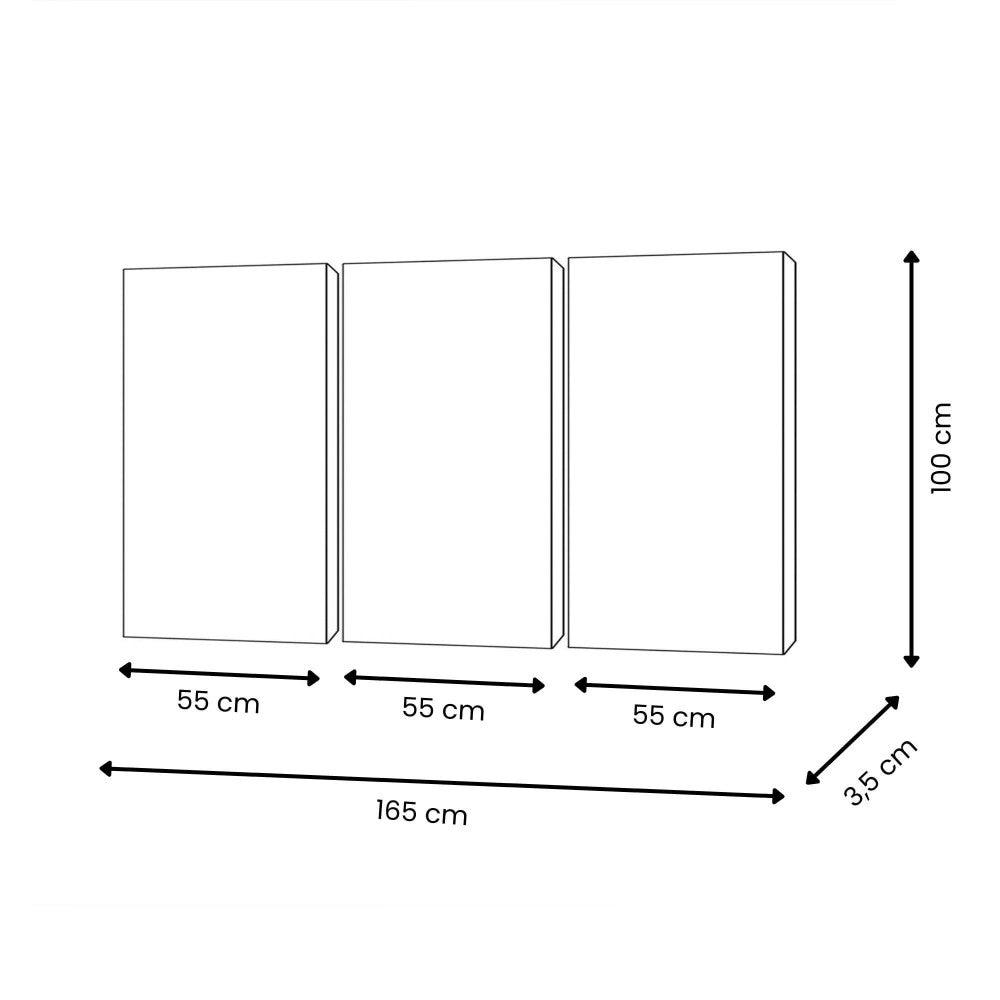 Technische Zeichnung von Tris: Abstraktes Kunstwerk mit lebhaften Spritzern auf Leinwand, zeigt die Abmessungen von 100 x 165 cm und die Struktur der drei Leinwände.