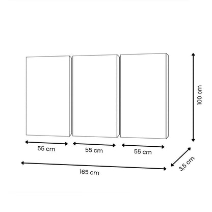 Technische Zeichnung von Tris: Abstraktes Kunstwerk mit lebhaften Spritzern auf Leinwand, zeigt die Abmessungen von 100 x 165 cm und die Struktur der drei Leinwände.