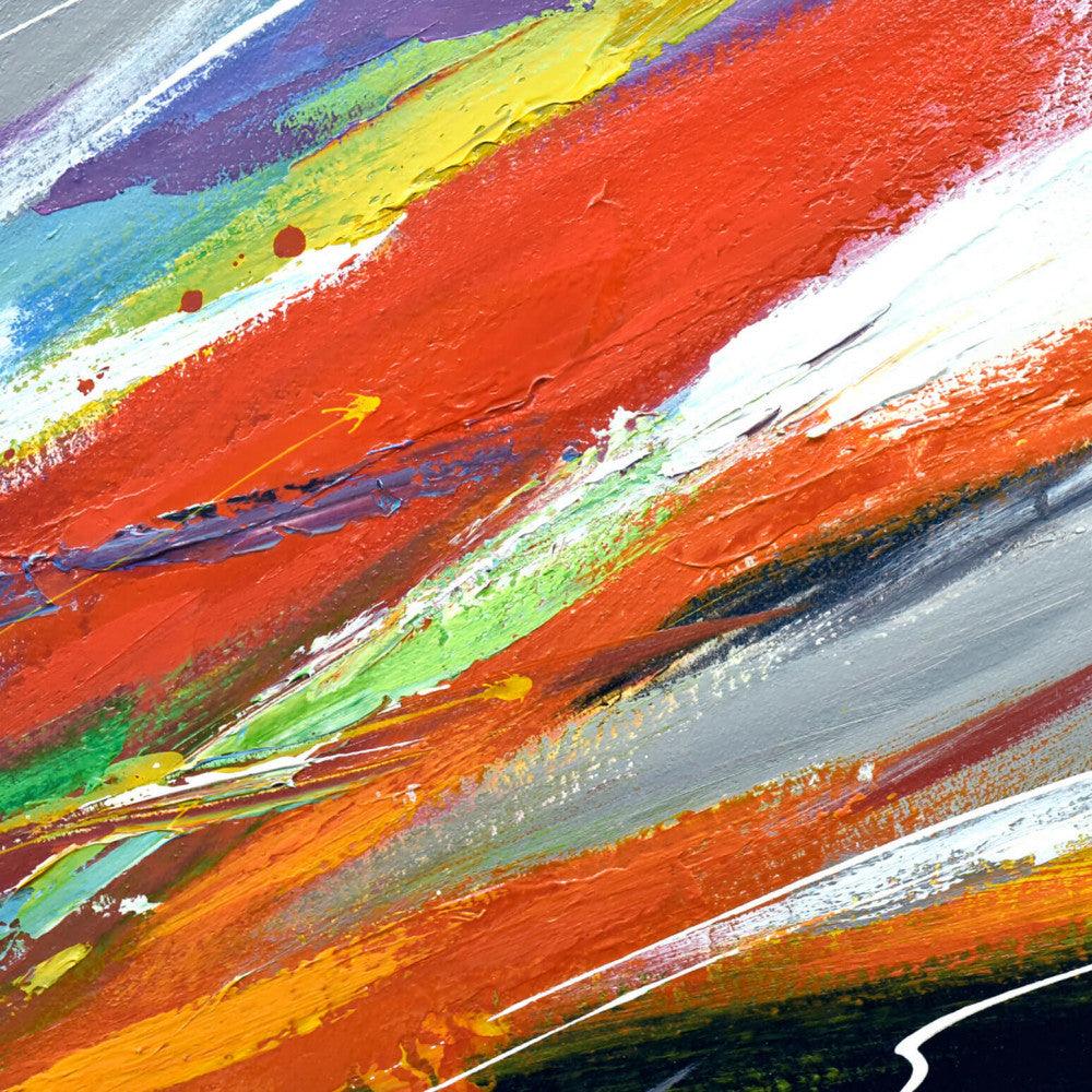 Detailaufnahme des mehrfarbigen Wellen-Gemäldes auf Leinwand, handgemalt, 80 x 120 cm, mit kräftigen Acrylfarben, die dynamische Texturen und Farbverläufe präsentieren.