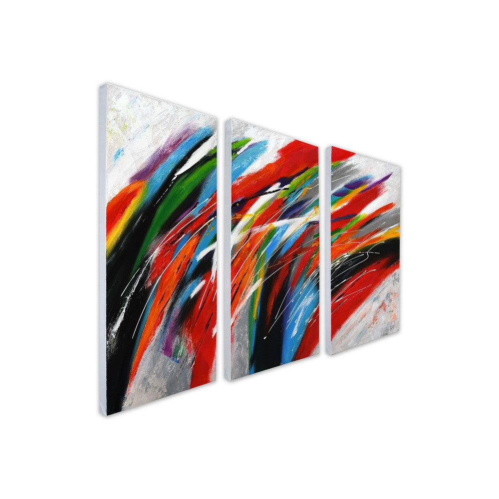 Faszinierendes mehrfarbiges Wellen-Gemälde auf Leinwand - Handgemalt, 80 x 120 cm. Ansicht des Gemäldes mit lebendigen Farbströmen in Rot, Grün, Blau und Gelb auf hellem Hintergrund.