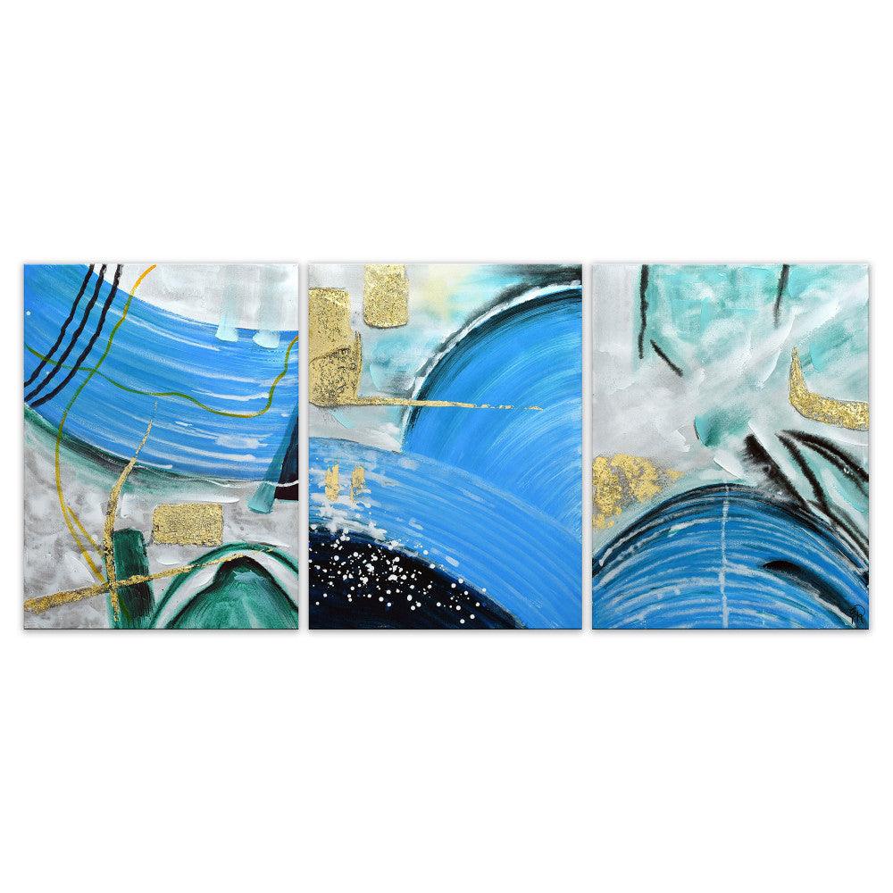Faszinierendes abstraktes Acryl-Gemälde auf Leinwand – 80 x 180 cm, handgemalt, Galeriestil mit lebendigen blauen und goldenen Akzenten, die dynamische Formen zeigen.