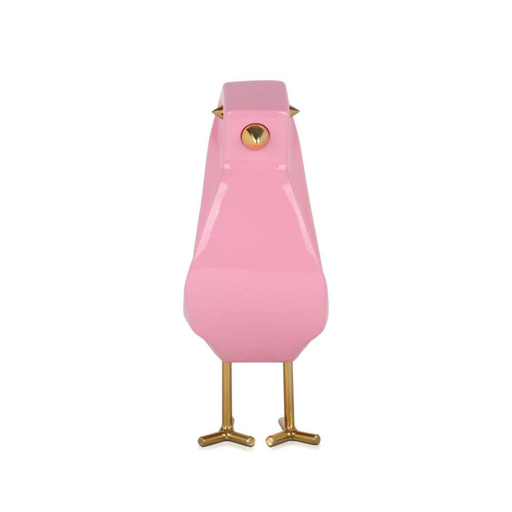 Vöglein rosa – Moderne geometrische Skulptur aus lackiertem Harz mit eleganten Metalleinsätzen, Hinteransicht der rosa Skulptur, die einen klaren Blick auf die Form bietet.