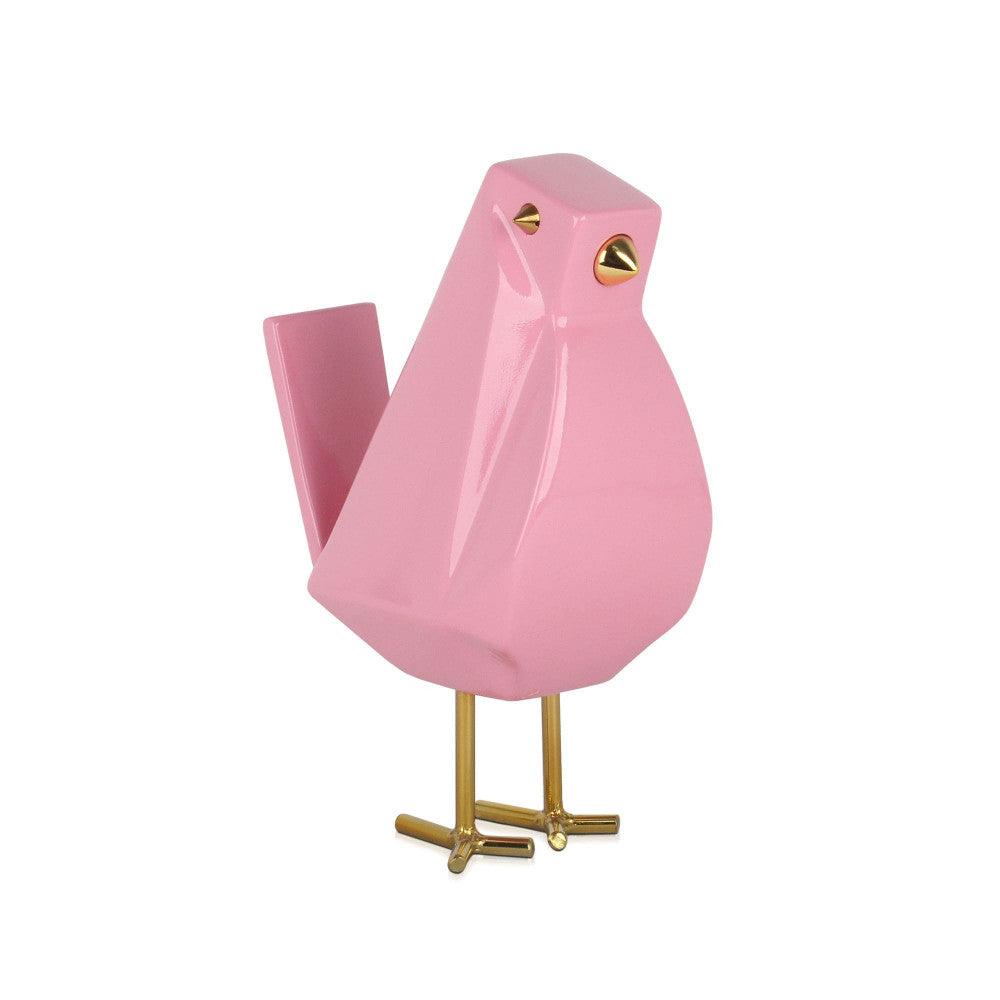 Vöglein rosa – Moderne geometrische Skulptur aus lackiertem Harz mit eleganten Metalleinsätzen, seitliche Perspektive der pinken Skulptur, die ihre Detailgenauigkeit zeigt.