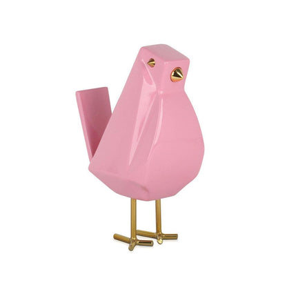 Vöglein rosa – Moderne geometrische Skulptur aus lackiertem Harz mit eleganten Metalleinsätzen, seitliche Perspektive der pinken Skulptur, die ihre Detailgenauigkeit zeigt.