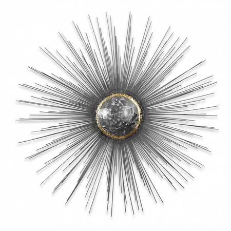 Handgefertigte Metall-Wandskulptur Sonne mit Goldkreis - Großansicht der silbern schimmernden Sonne mit goldener Umrahmung, die beeindruckende Strahlen in verschiedenen Längen zeigt.