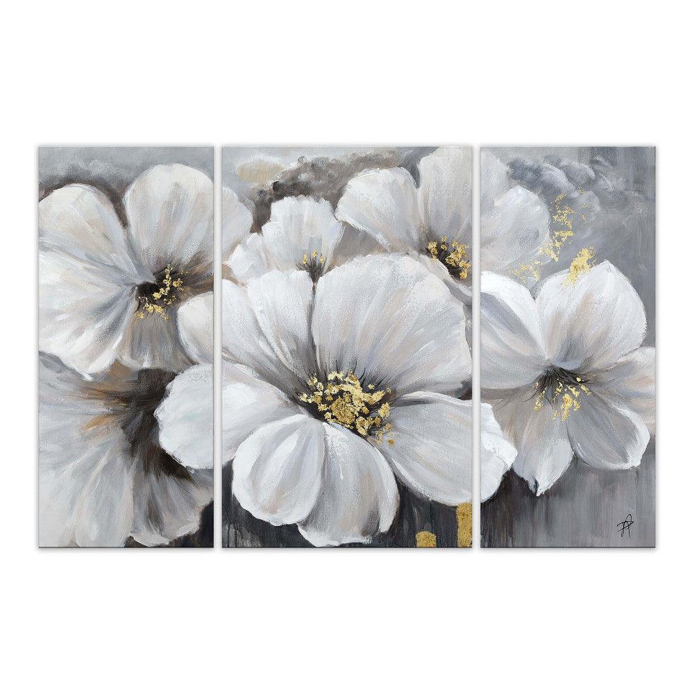 Handgemaltes Gemälde mit weißen Pfingstrosen auf grauem Hintergrund – 80 x 120 cm, beeindruckende Wanddekoration mit kunstvollen Details und goldenen Akzenten.