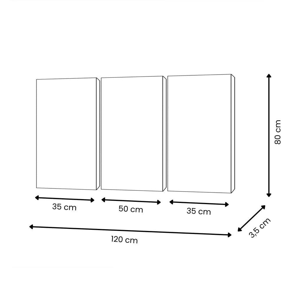 Maßzeichnung des handgemalten Gemäldes mit weißen Pfingstrosen auf grauem Hintergrund – 80 x 120 cm, zeigt die genaue Größe und Aufteilung der drei Teile.
