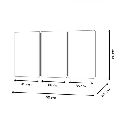 Maßzeichnung des handgemalten Gemäldes mit weißen Pfingstrosen auf grauem Hintergrund – 80 x 120 cm, zeigt die genaue Größe und Aufteilung der drei Teile.