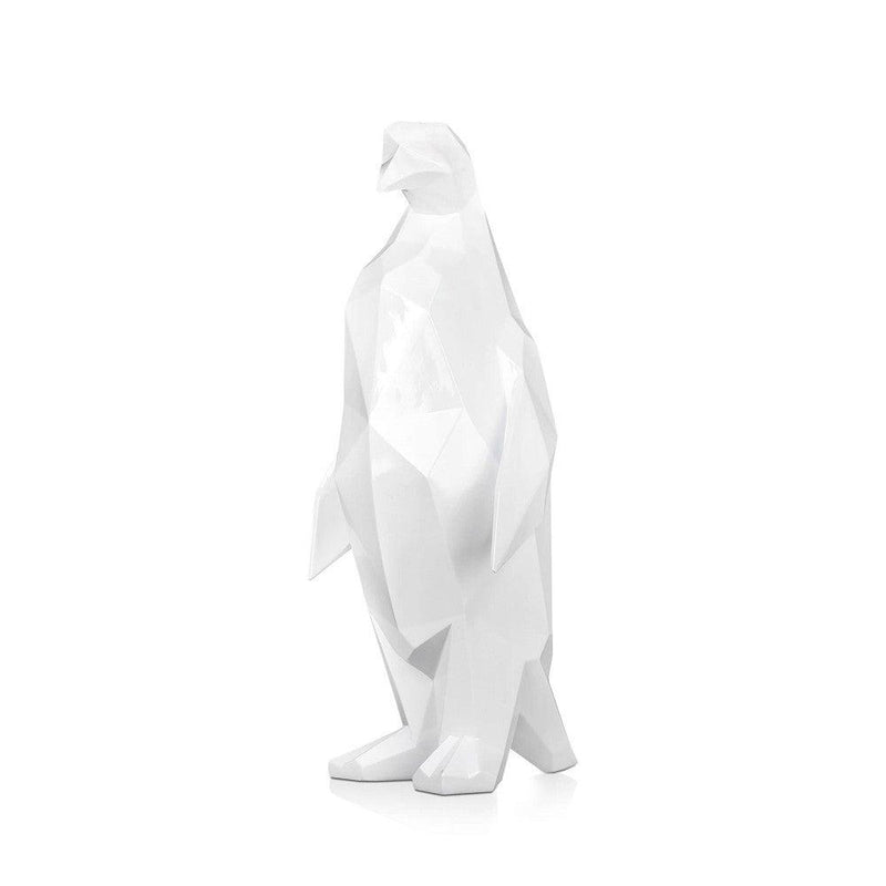 Weißer Pinguin, Kunstharzskulptur. Facettierte moderne Skulptur aus lackiertem Harz. 50 x 22 x 19 cm - Designerobjekte.com