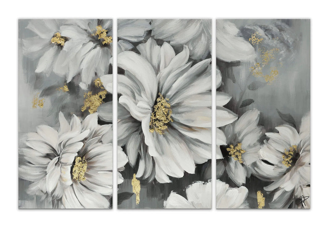 Handgemaltes modernes Gemälde mit weißen Gänseblümchen auf grauem Hintergrund, hochwertiges Kunstwerk zur Wanddekoration, ideal für zeitgenössische Interiors.