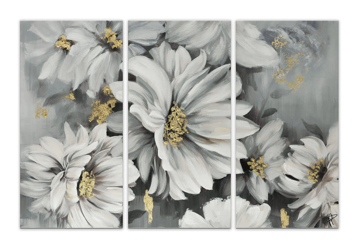 Handgemaltes modernes Gemälde mit weißen Gänseblümchen auf grauem Hintergrund, hochwertiges Kunstwerk zur Wanddekoration, ideal für zeitgenössische Interiors.