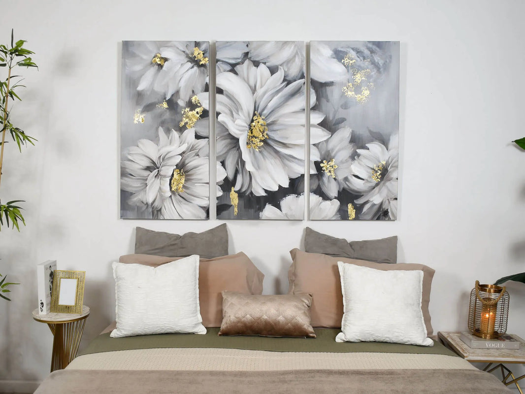 Detailansicht des handgemalten modernen Gemäldes mit weißen Gänseblümchen, 100x150cm, perfekt verarbeitet mit Acrylfarben auf Leinwand.